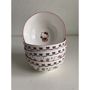 Set Of 4 Sanrio Hello Kitty Ceramic 27 Oz Bowl Christmas Candy Cane Garland NEW